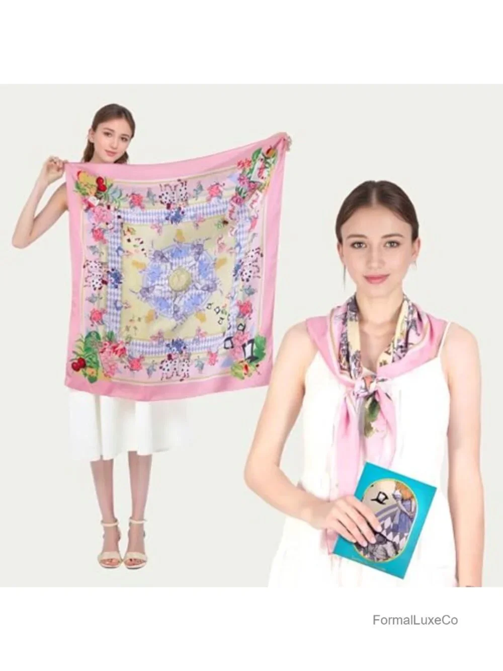 35x35 Square Satin Scarf for Women, Fashion Head Wrap, Artistic Print, Chic